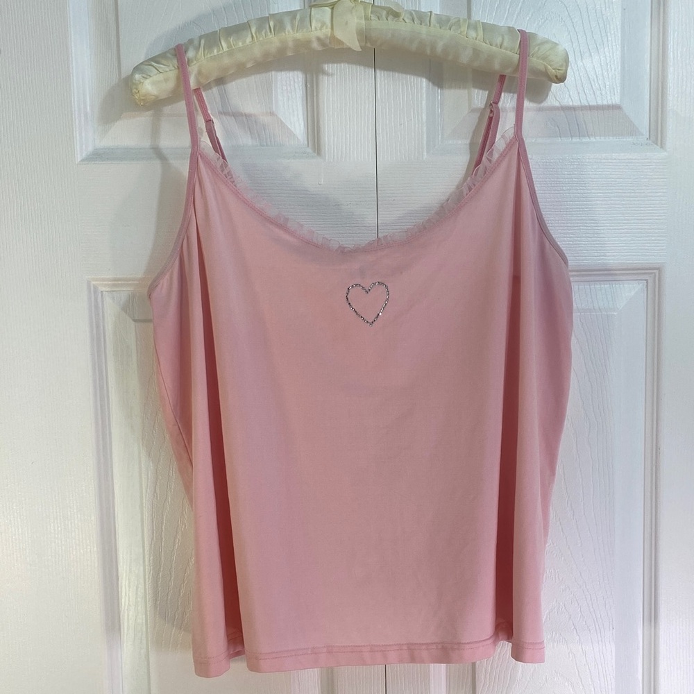 4 for $25 - MXM Nylon Spandex Pink Camisole w Rhinestone Heart Detail, 2X Plus